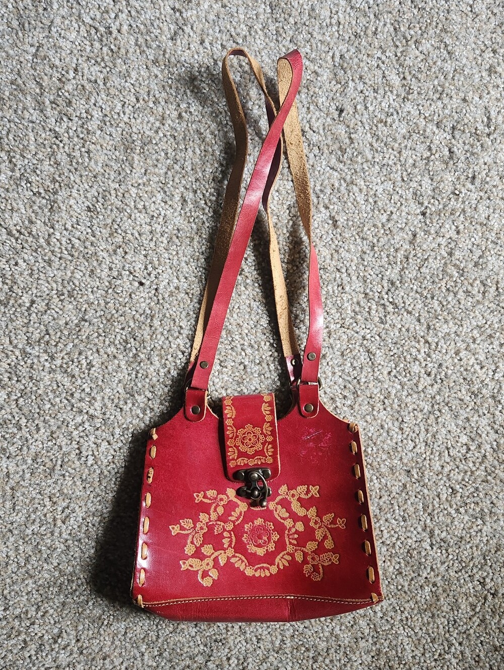 Red Floral Leather Crossbody Bag